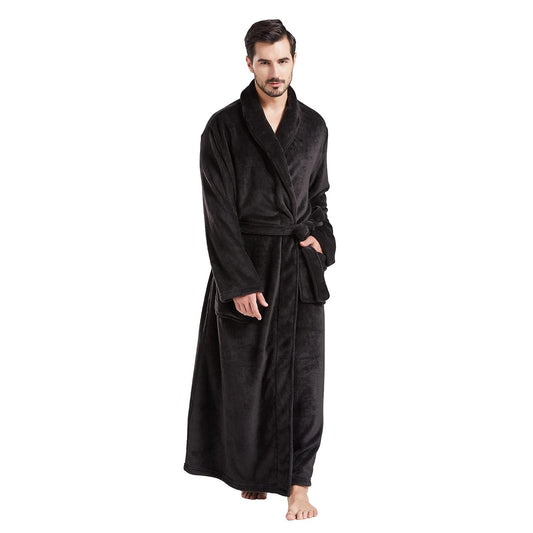 FashGudim Men's Bathrobes large in full length Plush Fleece long robe Shawl Collar warm Winter Men's Bathrobe (Black, XXL)