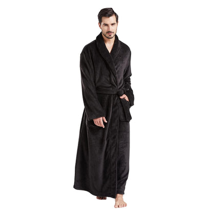 FashGudim Men's Bathrobes large and oversized in full length plush fleece long robe shawl collar warm winter men's bathrobe (Black, L/XL)