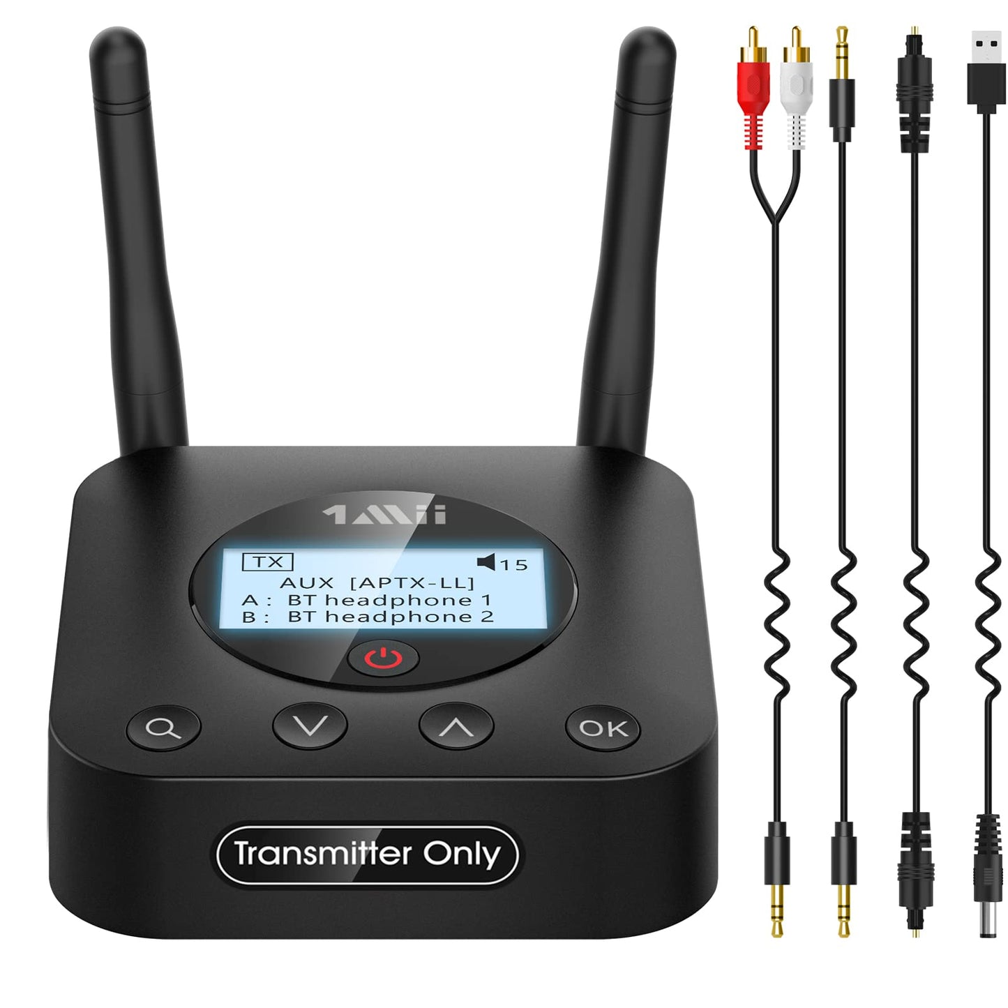 1Mii B06TX+ Bluetooth 5.2 transmitter with a long range, aptX HD & low latency wireless audio sender with screen display for TV/PC/projector to connect to 2 Bluetooth headphones/speakers.