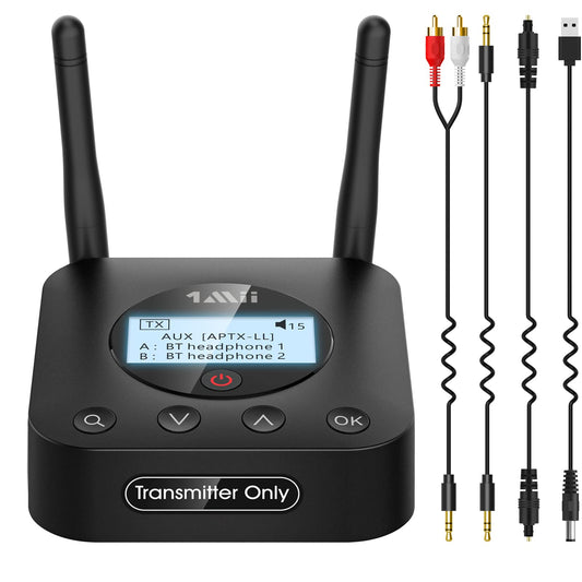 1Mii B06TX+ Bluetooth 5.2 transmitter with a long range, aptX HD & low latency wireless audio sender with screen display for TV/PC/projector to connect to 2 Bluetooth headphones/speakers.