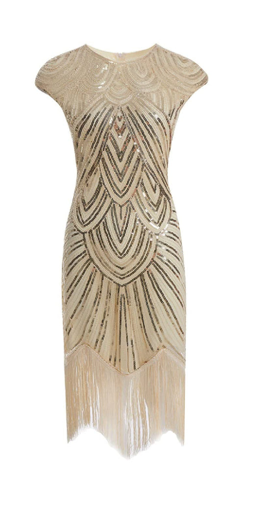 MIMICRY 1920s Charleston Sequin Dress Cream/Gold with Fringe Flapper Women's Costume, Size: S