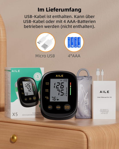 AILE home use blood pressure monitor, upper arm blood pressure monitor, fully automatic, with large cuff (22-42cm), 2 * 99 memory, easy to use