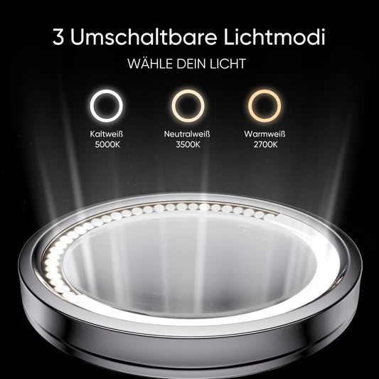 DOWRY Makeup Mirror with Lights, 10x Magnification Wall Mounted Vanity Mirror, 3 LED Light Colors Cosmetic Mirror, Shaving Mirror for Bathroom, Ø25CM, Chrome