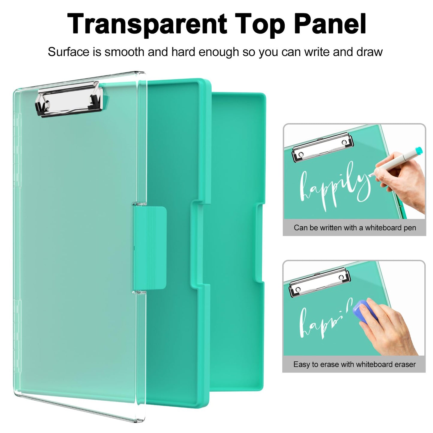 Piasoenc Clipboard with Storage, Clipboard with 2 Storage Boxes and A4 Paper Holder, clear, dry-erase surface, durable plastic, folio & side opening.