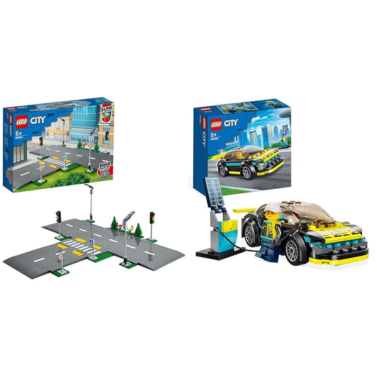 LEGO 60304 City intersection with traffic lights & 60383 City Electric Sports Car Set, race car with minifigure, toy car for boys and girls aged 5 and up, birthday gift.