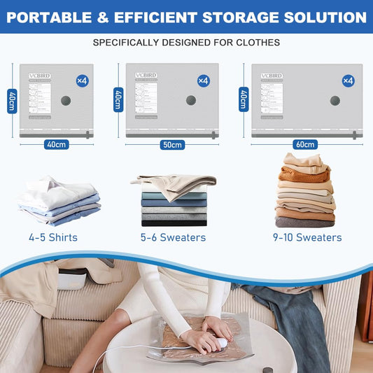 Vacuum bags for clothes with USB electric pump, 12 pieces garment bags (4x 40*40cm / 4x 40*50cm / 4x 40*60cm) Reusable vacuum storage bags for travel, garment bags.