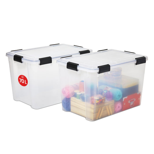 Iris Ohyama airtight plastic storage boxes with lid, 70L, 2-pack, transparent, hermetic waterproof seal, sturdy snap locks, stackable, dustproof, BPA-free, AT-LD.