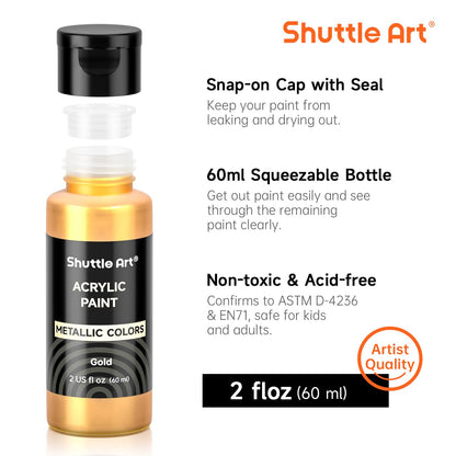 Shuttle Art Metallic Acrylic Paint Set, 20x60ml Metallic Acrylic Paint +10 Brush Set +1 Palette, Acrylic Paint Set for Kids, Adults for Crafting, Painting, Dotting on Canvas, Wood, Stone, Halloween.