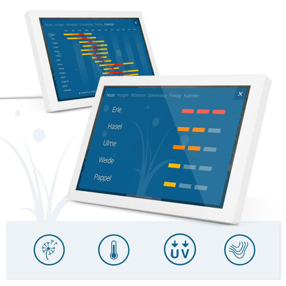 WeatherOnline Home 3, WeatherDisplay with WeatherRadar: new generation of WLAN weather station, indoor sensor to monitor room climate, pollen forecast for allergy sufferers, UV index, severe weather warning.