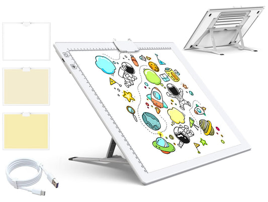 QENSPE A3 Wireless Light Table, LED Light Pad Light Box for Kids with Battery, 3 Color Modes and 6 Brightness Levels, Fully Dimmable, Lightbox with Stand and Magnetic Clip, Diamond Painting Accessories.