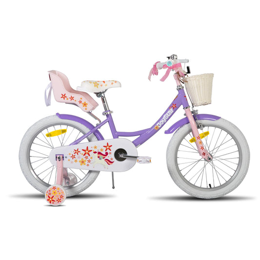 JOYSTAR Unicorn 18-inch kids bike for 6-9 year old girls, bike with doll seat & training wheels & basket streamer, bright purple.