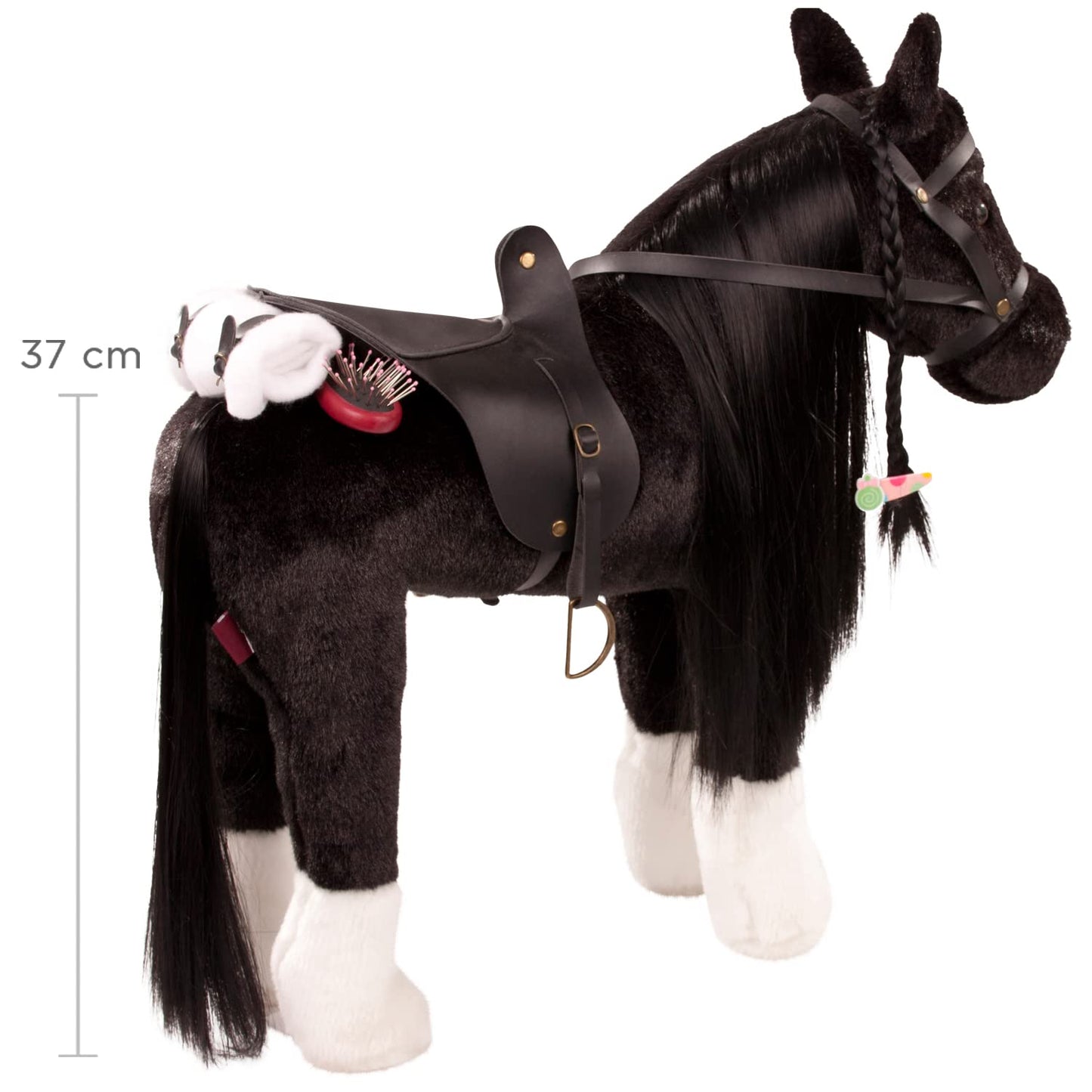 Goetz 3402783 Fighting horse black doll - large plush horse for standing dolls - height 37 cm - 52 cm big black and flexible horse with bridle and saddle