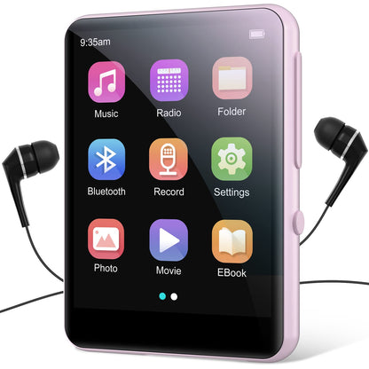 64GB MP3 player with Bluetooth 5.3, portable HiFi sound, 2.4-inch full touchscreen, built-in HD speaker, FM radio, voice recorder, E-book, includes headphones, up to 128GB TF card.
