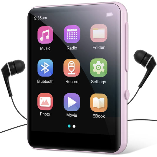 64GB MP3 player with Bluetooth 5.3, portable HiFi sound, 2.4-inch full touchscreen, built-in HD speaker, FM radio, voice recorder, E-book, includes headphones, up to 128GB TF card.