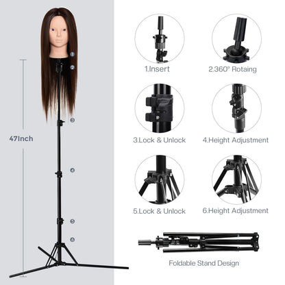 Neverland training head with stand - 71cm, 60% real hair. Perfect for practicing hairstyling and makeup. Comes with table clamp and DIY braid hair set.