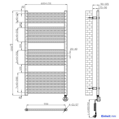 Heilmetz electric bathroom radiator 120x60cm towel warmer with digital thermostat towel dryer panel anthracite 600W