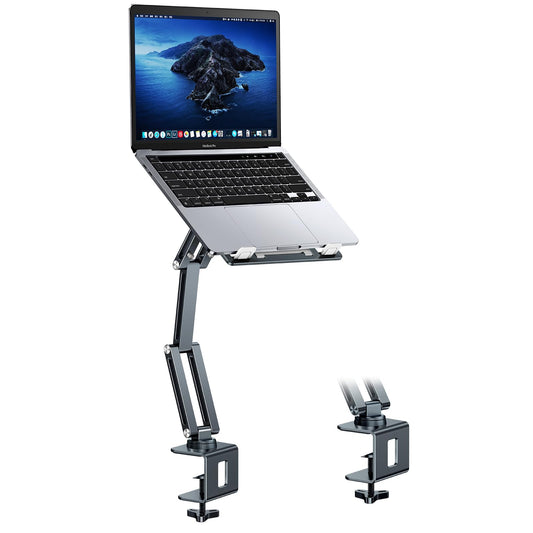 Adjustable laptop stand with 360° swivel arm, made of aluminum. Suitable for tablets and laptops from 10-16 inches. Foldable and perfect for your desk.