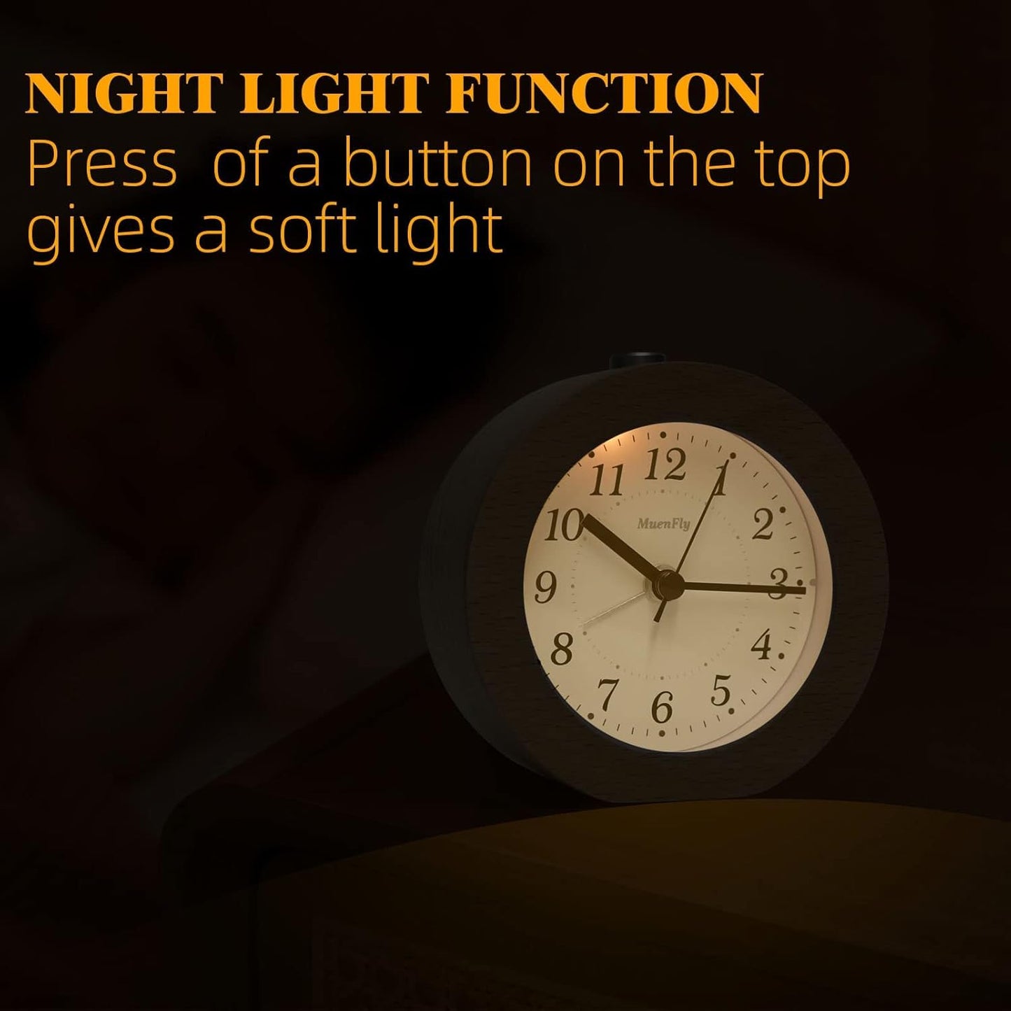 Analog alarm clock without ticking, set of 2 wood alarm clocks with snooze, battery operated retro table clock with night light for bedroom, night kids, and office (1xAA battery required)