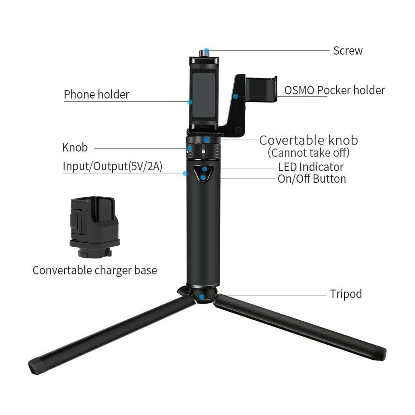 Smatree portable charging station with tripod for DJI OSMO Pocket 2/DJI OSMO Pocket, smartphone holder, accessories for Osmo Pocket and smartphone.