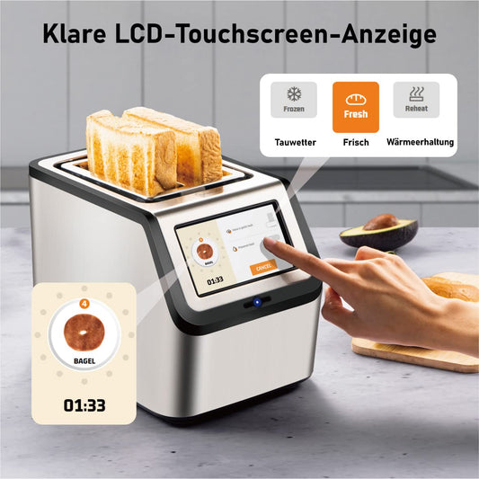 Smart toaster with touchscreen, KETIAN 2-slice toaster, auto shut-off, auto lift & bread centering, stainless steel, 1400W