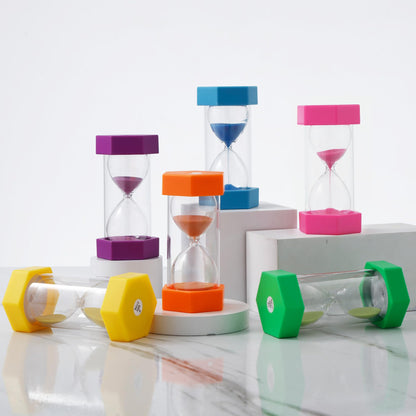 6 colorful hourglasses for kids, Colorful hourglass set 1/3/5/10/15/30 minutes, Timing hourglasses for kids' daily life, learning, game timing.