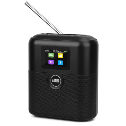 August MB330 Rechargeable DAB+/FM Radio with Bluetooth Speaker - portable clock radio with dual alarm, sleep timer, snooze, LCD color display, EQ, RDS, 60 presets. Digital radio with battery AUX-In/Out.