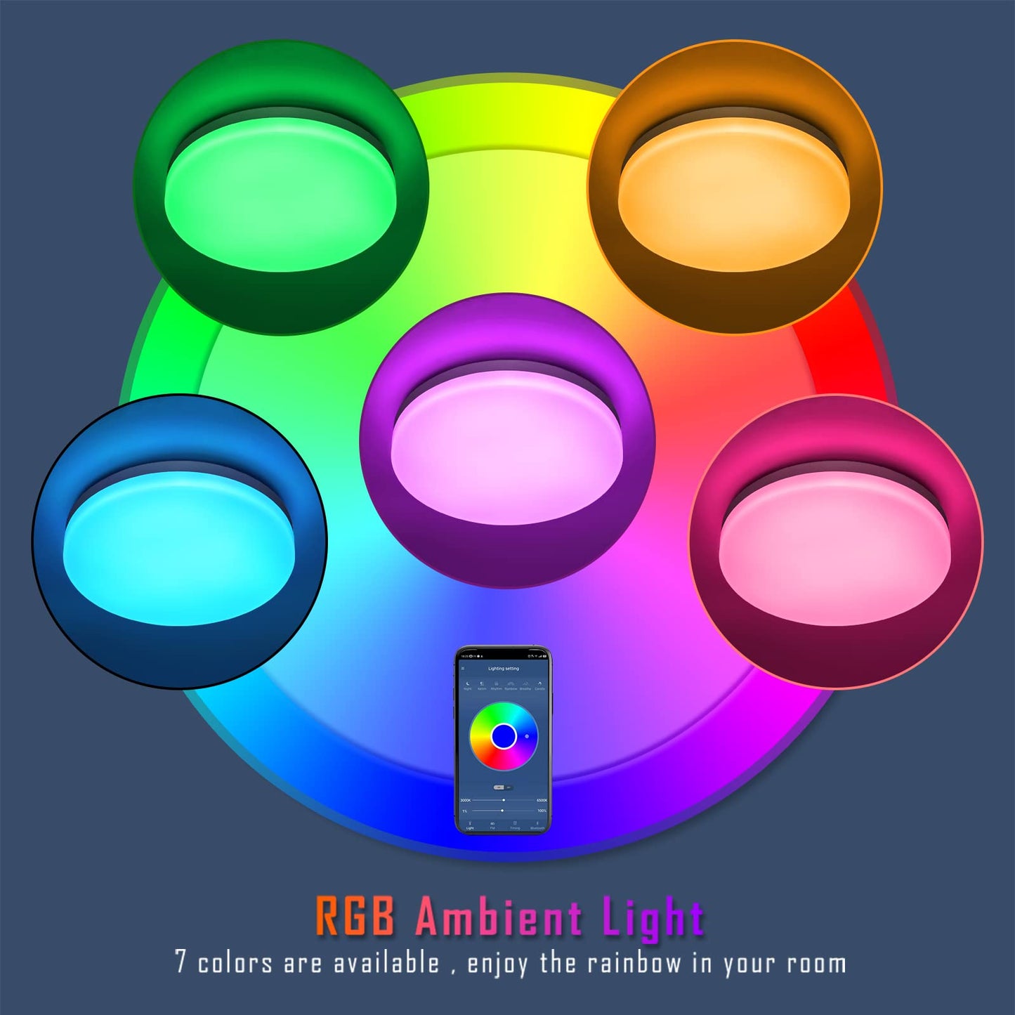 Bluetooth ceiling light 24W LED ceiling lamp with speaker, remote control and app control, RGB color changing, dimmable, IP44 waterproof, White noise adjustable for bedroom children's room Ø26CM