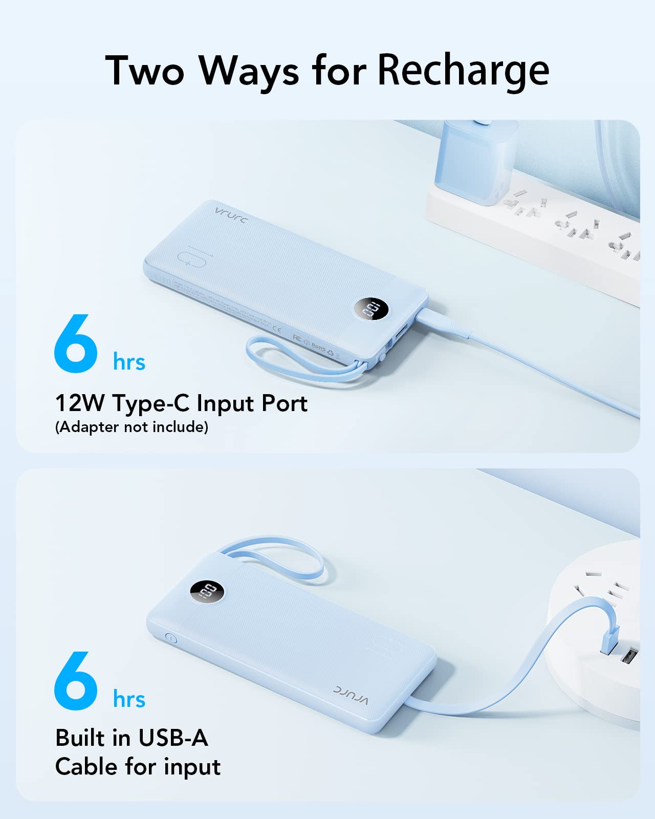 VRURC Powerbank 10000mAh with Cable, Portable Power Bank Charger USB C External Phone Batteries LED Display with 5 Outputs 2 Inputs Compatible with iPhone/Huawei/Samsung Smartphone, etc. - Blue