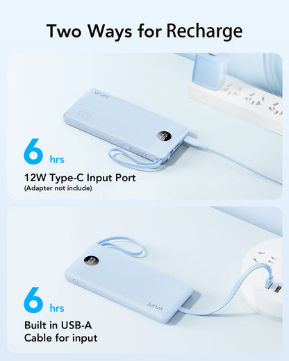 VRURC Powerbank 10000mAh with Cable, Portable Power Bank Charger USB C External Phone Batteries LED Display with 5 Outputs 2 Inputs Compatible with iPhone/Huawei/Samsung Smartphone, etc. - Blue