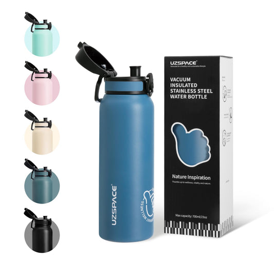 UZSPACE kids water bottle stainless steel 700ml, double-walled insulated bottle with flip lid, one-click closure, leak-proof, metal water bottle for boys girls for school sports hiking car