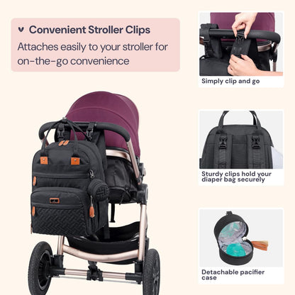 BabbleRoo Diaper Bag Backpack - Large Capacity, 17 Pockets, Water Resistant - with Changing Pad, Removable Pacifier Holder, Stroller Straps - Travel Backpack for Mom & Dad