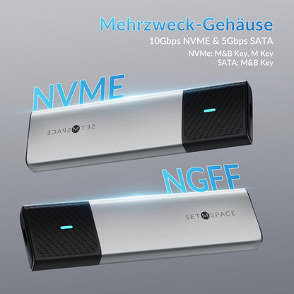 NVMe Enclosure [Tool-less], SETMSPACE M2 SSD Enclosure [NVMe & SATA], M.2 SSD Enclosure with 2-in-1 Cable, M2 USB Adapter for M-Key and B&M-Key, Aluminum Gray M2 SSD Case.