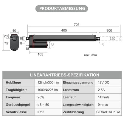 Justech Linear Actuator 300mm Linear Drive 1000N IP65 Waterproof 14mm/s Motor Linear Technology Actuators Linear Motor Adjustable Drive Gate Opener Stroke Cylinder with CE & RoHS 12V DC Electric Motor DIY