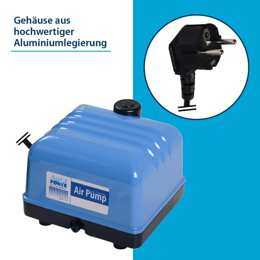 AquaForte Hi-Flow V-20 aluminum casing air pump, 15 watts, 3 liters per minute, max pond capacity 12 m3, DC powered.