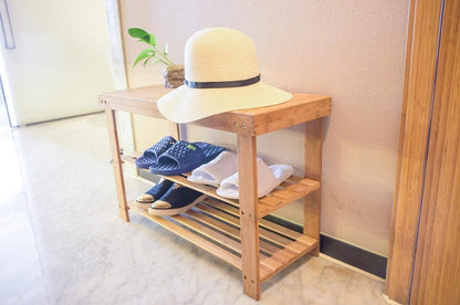 Hossejoy Bamboo Shoe Cabinet Bench Shoe Rack Shoe Bench Bathroom Shelf Bamboo Shelf 3 Shelves - 70 x 45 x 28 cm (WxHxD)