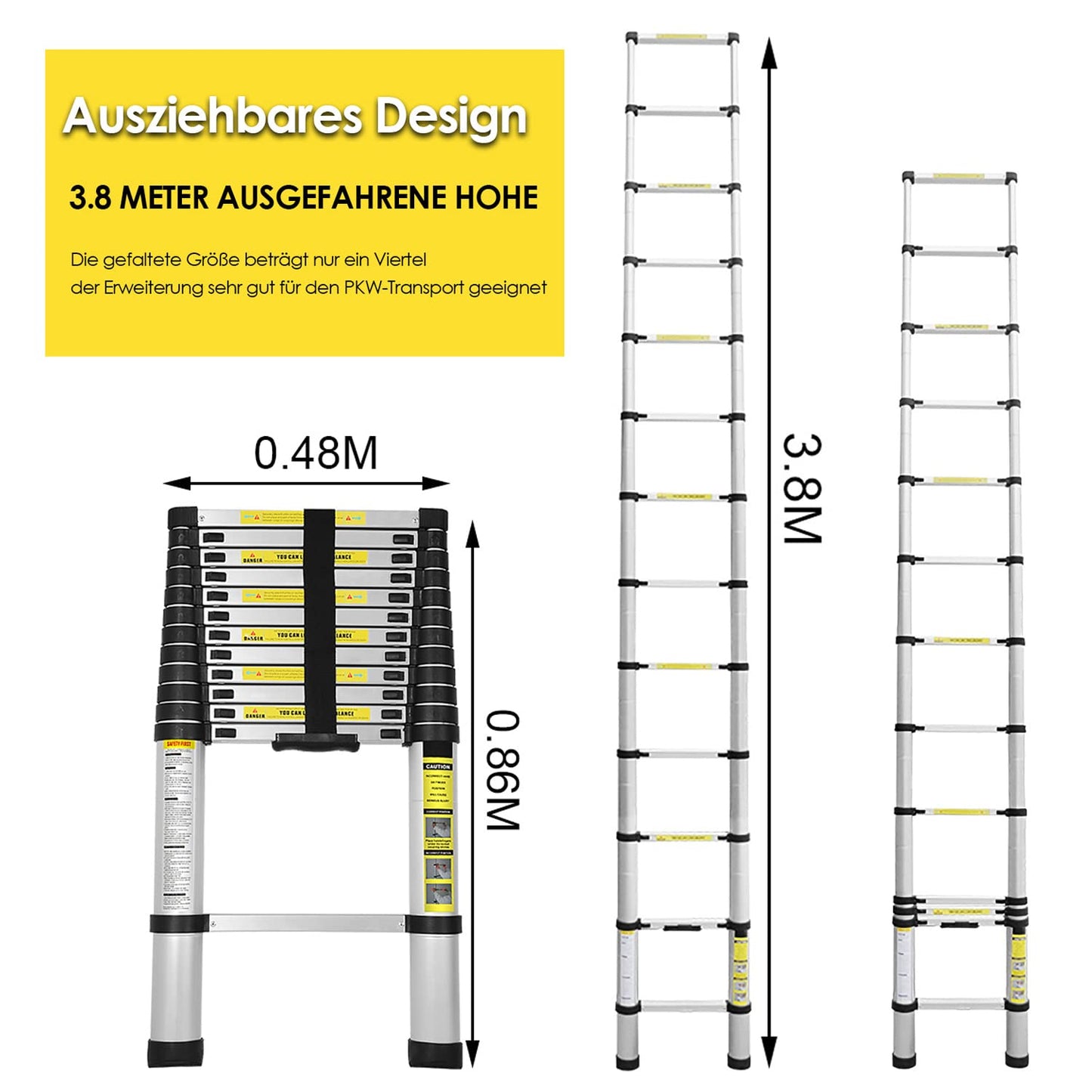 Owlike 3.8M telescoping ladder, non-slip multipurpose ladder 150kg capacity, aluminum household ladder for home repairs decoration wall painting, extendable ladder, multifunction ladder
