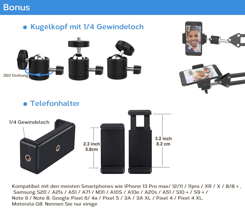 Overhead stand for camera webcam ring light, flexible overhead arm for iPhone with phone holder, table stand accessory for phone video recording live stream.