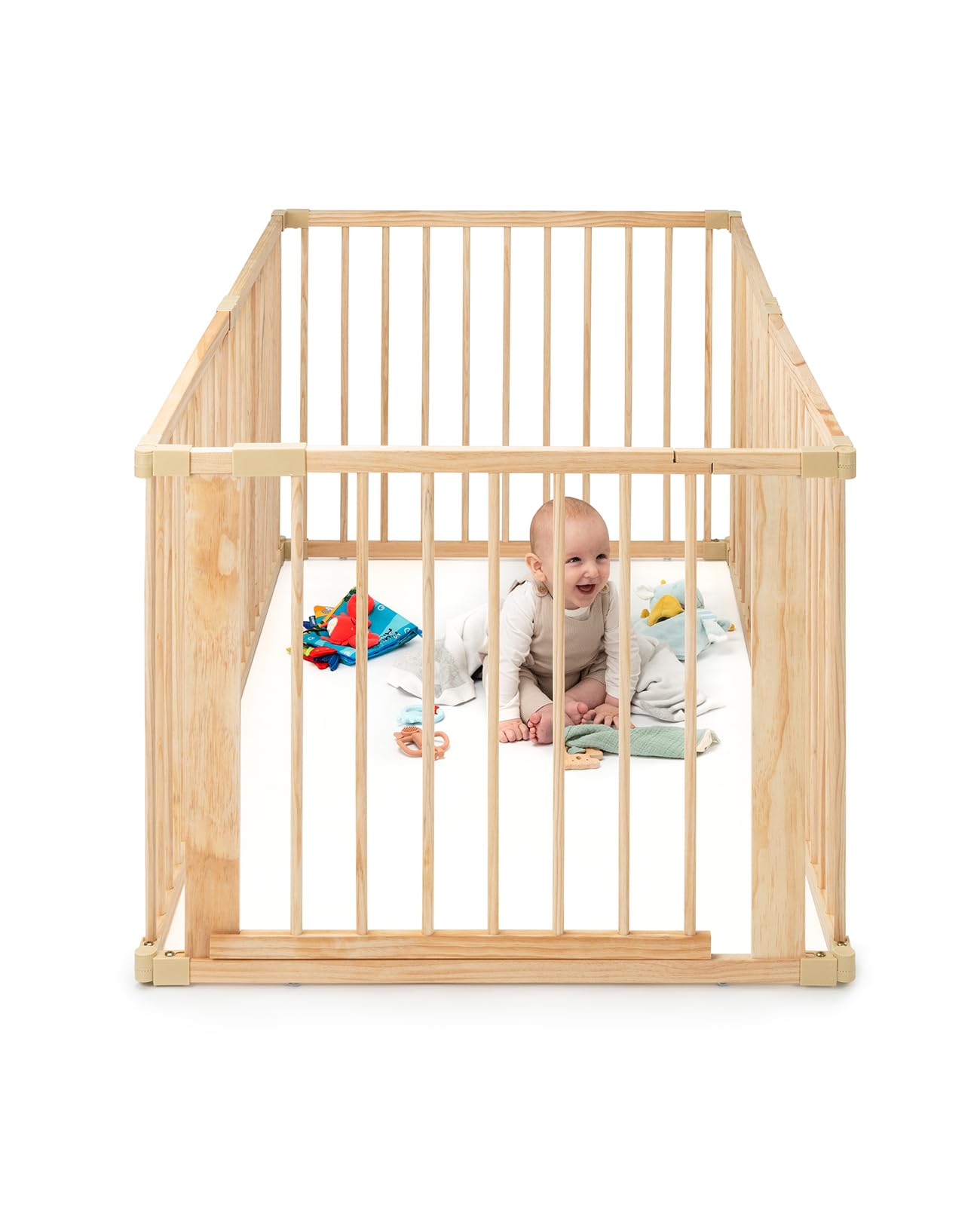 dibea Playpen for Baby & Toddler, sustainable play yard made of light spruce wood with door, 6 panels each 90x68 cm, sturdy barrier gate protects during crawling & first steps, safe protective gate