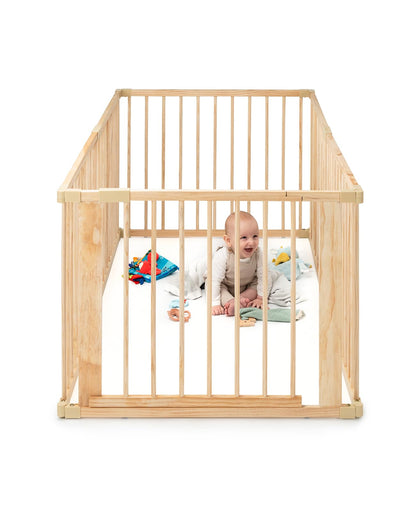 dibea Playpen for Baby & Toddler, sustainable play yard made of light spruce wood with door, 6 panels each 90x68 cm, sturdy barrier gate protects during crawling & first steps, safe protective gate