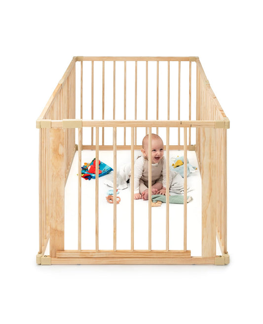dibea Playpen for Baby & Toddler, sustainable play yard made of light spruce wood with door, 6 panels each 90x68 cm, sturdy barrier gate protects during crawling & first steps, safe protective gate
