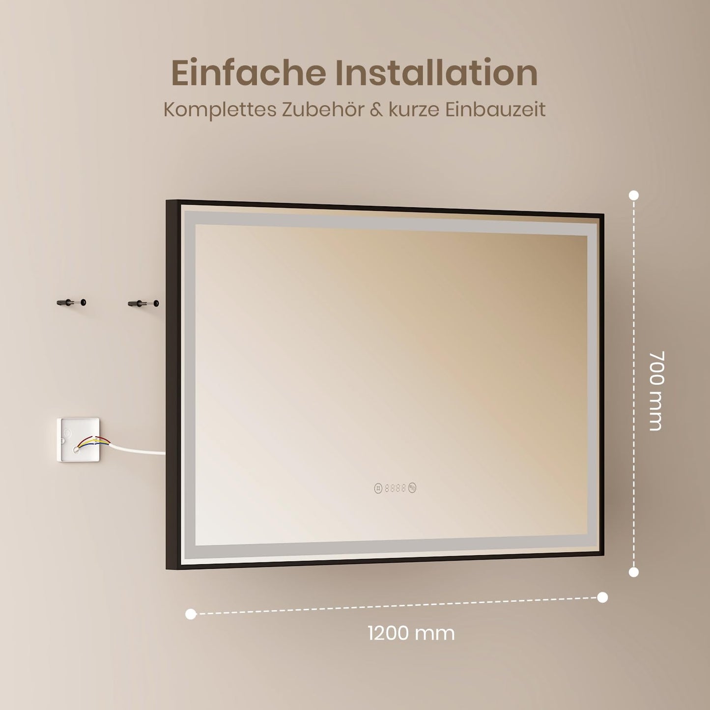 EMKE LED bathroom mirror 120x70cm, black with touch controls, dimmable, anti-fog, clock, memory function, and neutral light 4300K. Energy-saving wall mirror IP44.