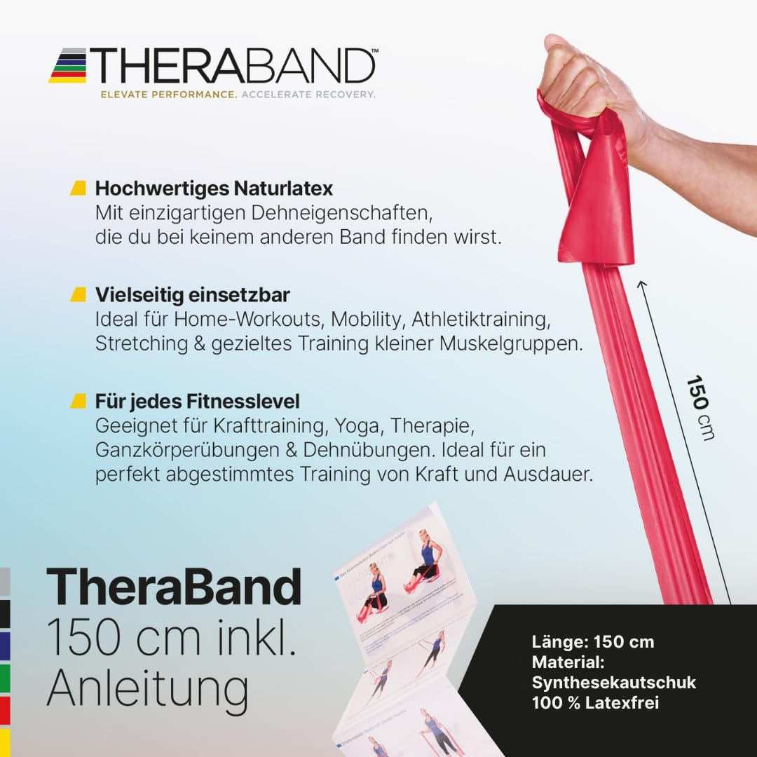TheraBand 1.50m Set Bundle | Fitness band | Resistance band | Stretch band for full body workout | Training bands for home | Fitness accessory | 100% latex-free (Yellow | Red | Green)