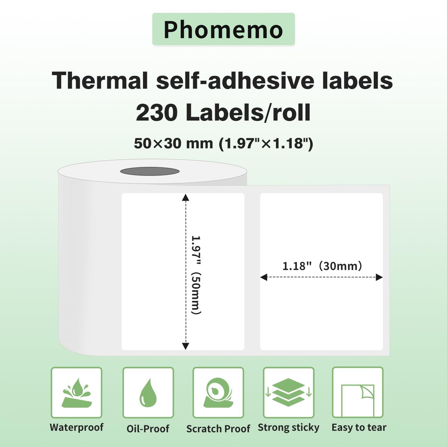 Phomemo 6 Rolls M110 self-adhesive thermal label, 1.96"x1.18" (50x30mm), compatible with Phomemo M110 M200 M120 M220 M221 M108 M102 M100 M150 M250 M260 label printers, 230/roll, 6 rolls