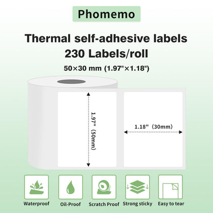 Phomemo 6 Rolls M110 self-adhesive thermal label, 1.96"x1.18" (50x30mm), compatible with Phomemo M110 M200 M120 M220 M221 M108 M102 M100 M150 M250 M260 label printers, 230/roll, 6 rolls