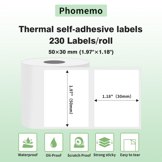 Phomemo 6 Rolls M110 self-adhesive thermal label, 1.96"x1.18" (50x30mm), compatible with Phomemo M110 M200 M120 M220 M221 M108 M102 M100 M150 M250 M260 label printers, 230/roll, 6 rolls