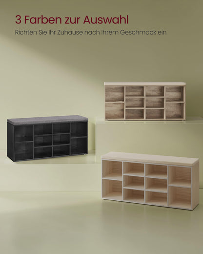 VASAGLE Shoe Bench, Shoe Rack with Seat, Storage Bench, well padded, Hallway Bench with 10 compartments, adjustable shelves, for Bedroom, 30 x 104 x 48 cm, black ebony LHS010B07