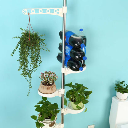 BAOYOUNI 5-Tier Telescopic Plant Stand Flower Shelf Rack Metal Tension Pole Adjustable Height 175-235 cm or 230-290 cm for Indoor, Balcony, Living Room, Ivory