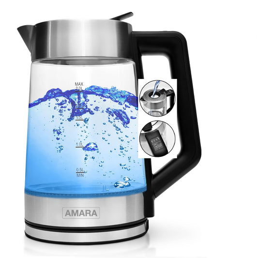 AMARA Glass Electric Kettle with Temperature Control 2200 Watts 2L especially quiet Temperature range 50-100°C With EASY-FILL filling system LED color change indicates temperature.