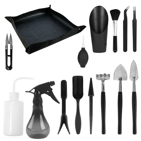 Succulent tool set, 14 mini hand garden tools + 1 pot mat, rake for indoor plants, garden hand tools black