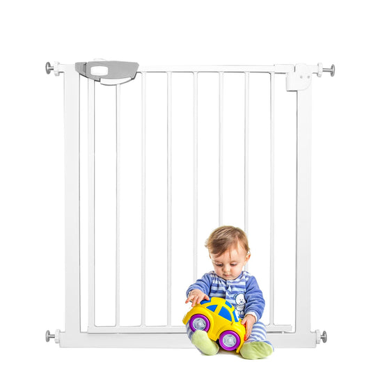YARDIN door and stair safety gate without drilling, 75-85cm baby gate, childproofing stair gate for kids and dogs, auto-close, one-handed opening, White.
